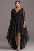 Party Black V Neck 3/4 Sleeve High Low Hem See Through Tulle Mini Dresses