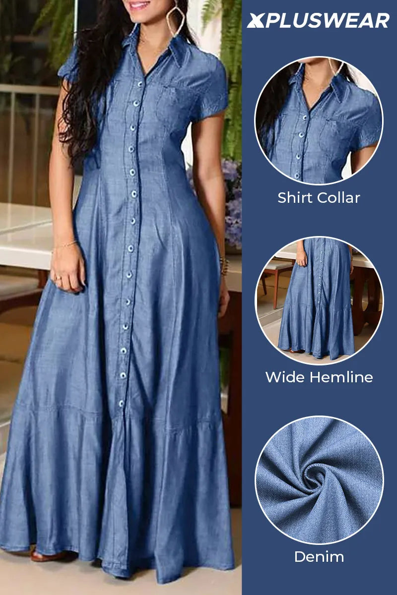 Plus Size Casual Dress Light Blue Button Shirt Collar Denim Maxi Dress With Pocket