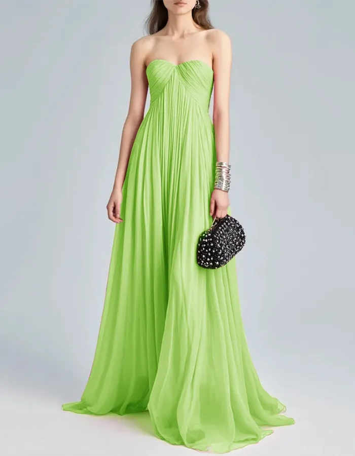 Strapless Pleated Chiffon Maxi Dress