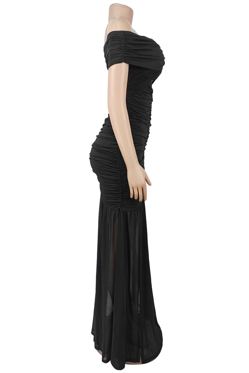 Off Shoulder Metal Decor Cut Out High Slit Ruched Gowns Maxi Dresses-Black