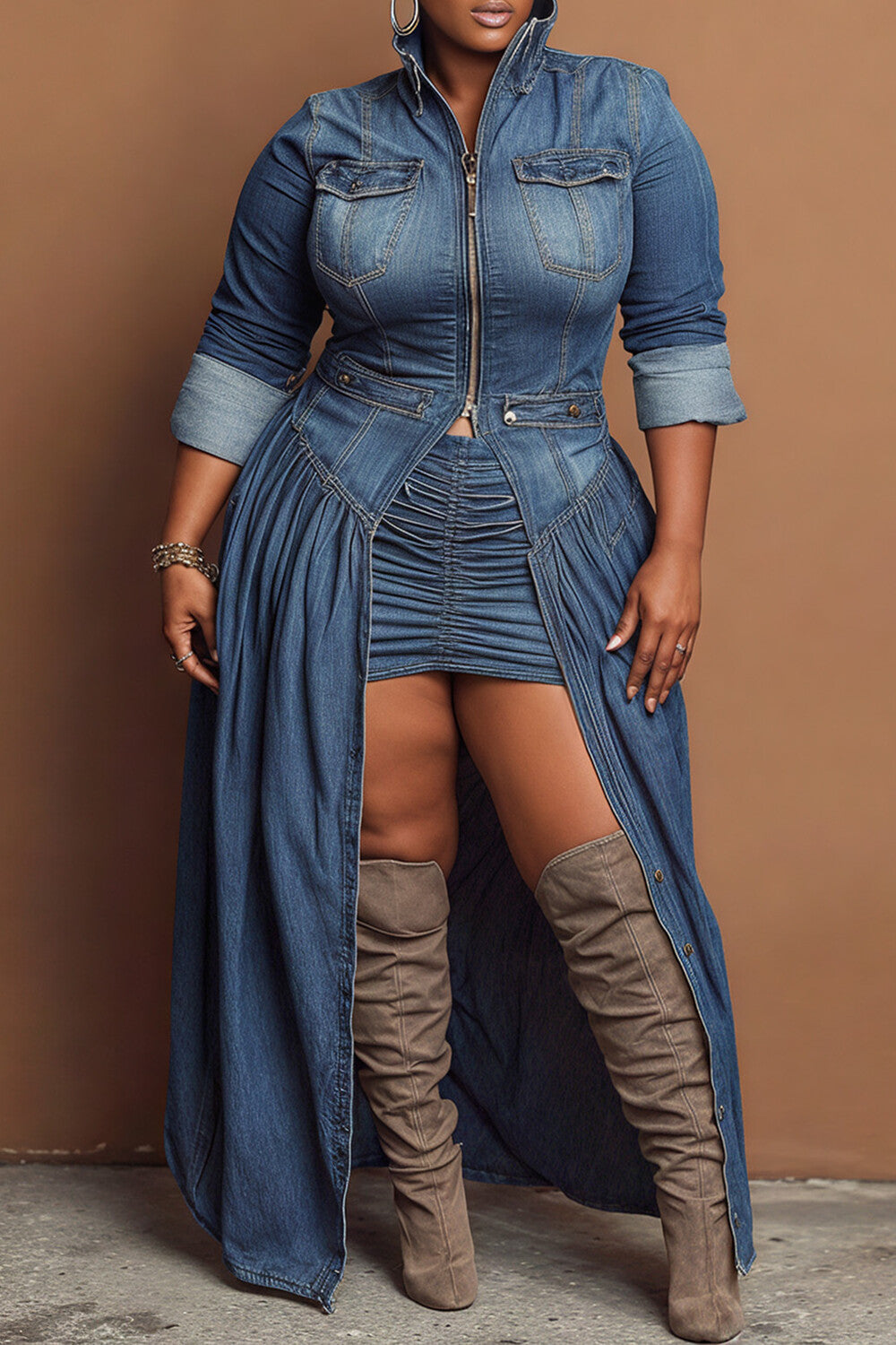 Xpluswear Design Plus Size Festival Blue High Collar Long Sleeve Split Casual Zipper Denim Coat