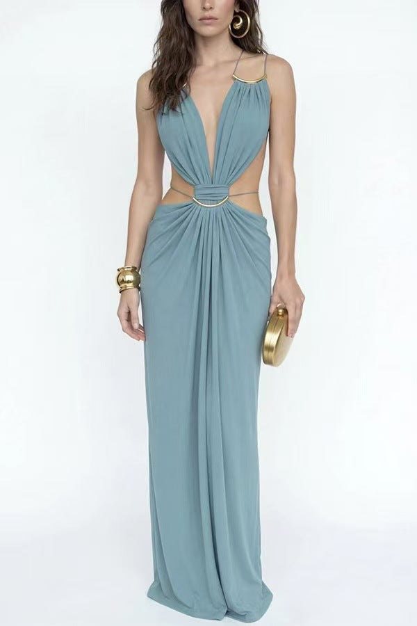 Glamorous Gold Ring Draped Cut-Out Resort Maxi Dress