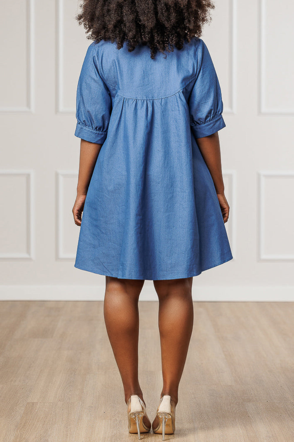 Plus Size Business Casual Blue Shirt Collar Short Sleeve Pocket Casual Tencel Denim Mini Dresses