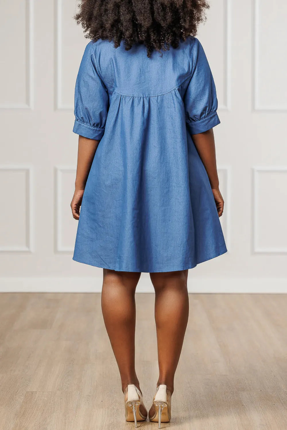 Plus Size Business Casual Blue Shirt Collar Short Sleeve Pocket Casual Tencel Denim Mini Dresses