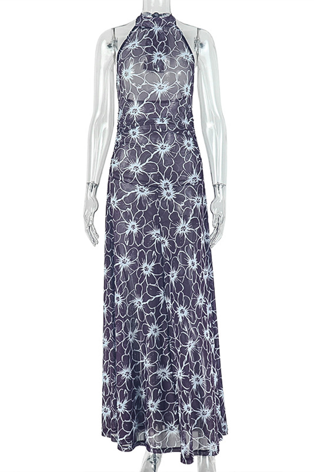Halter Backless Abstract Floral Print A-Line Casual Maxi Dresses-Multicolor