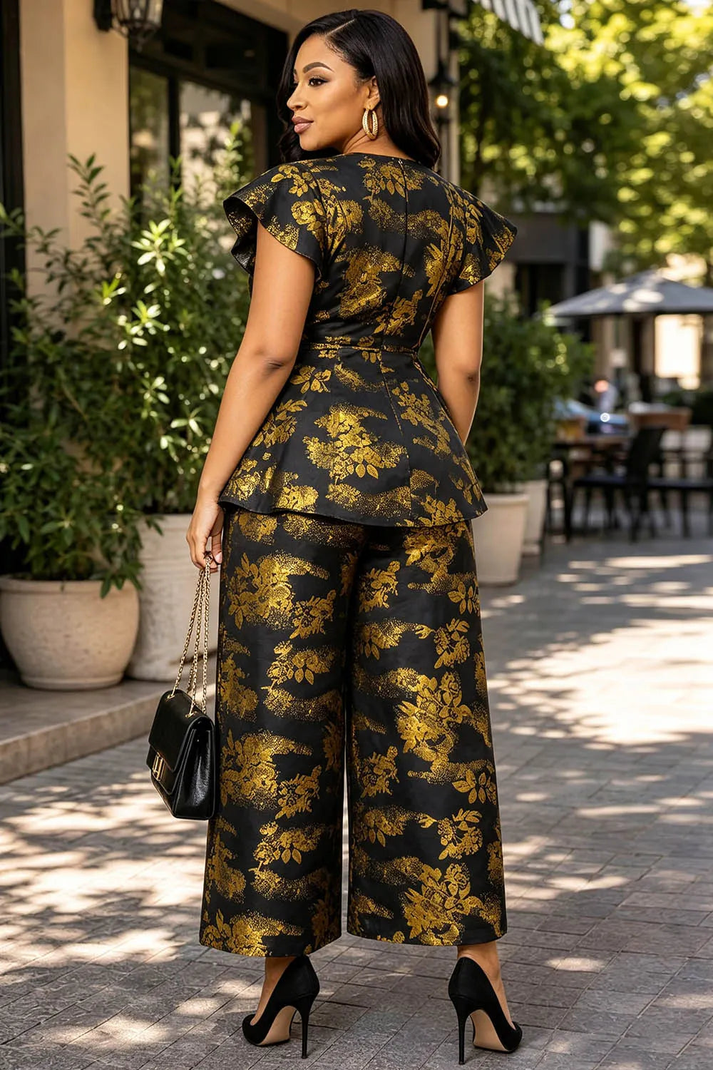 Business Casual Gold Round Neck Flutter Sleeve Short Sleeve Pocket Ruffle Two Piece Pant Sets [Pre-Order]