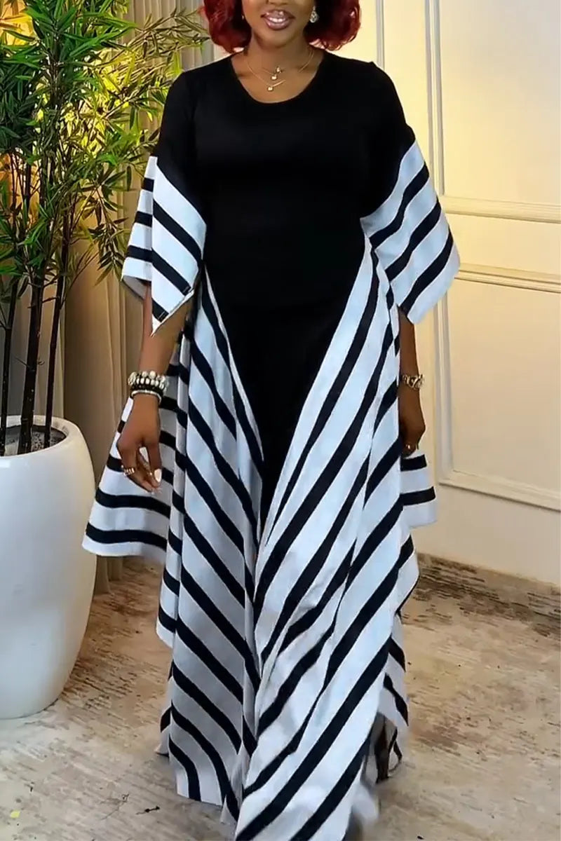Women Round Neck Patchwork Striped Elegant Casual Maxi Dresses