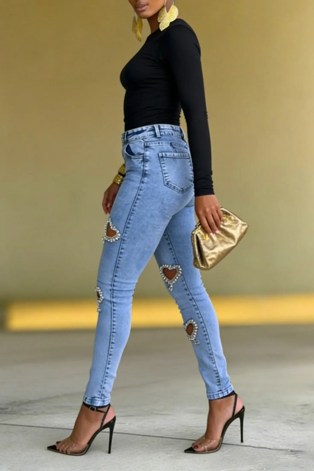 Women's Revival Style Rhinestone Heart-Shaped Cutout Jeans