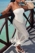 Women's Strapless Patchwork Hollow Tassel Seaside Vacation Casual Style Dress