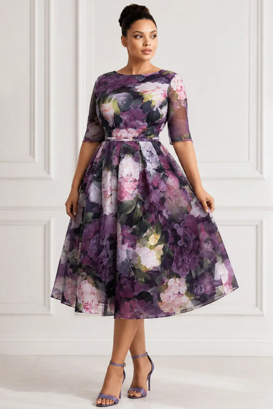 Wedding Guest Purple Floral Round Neck Short Sleeve Chiffon Midi Dresses [Pre-Order]