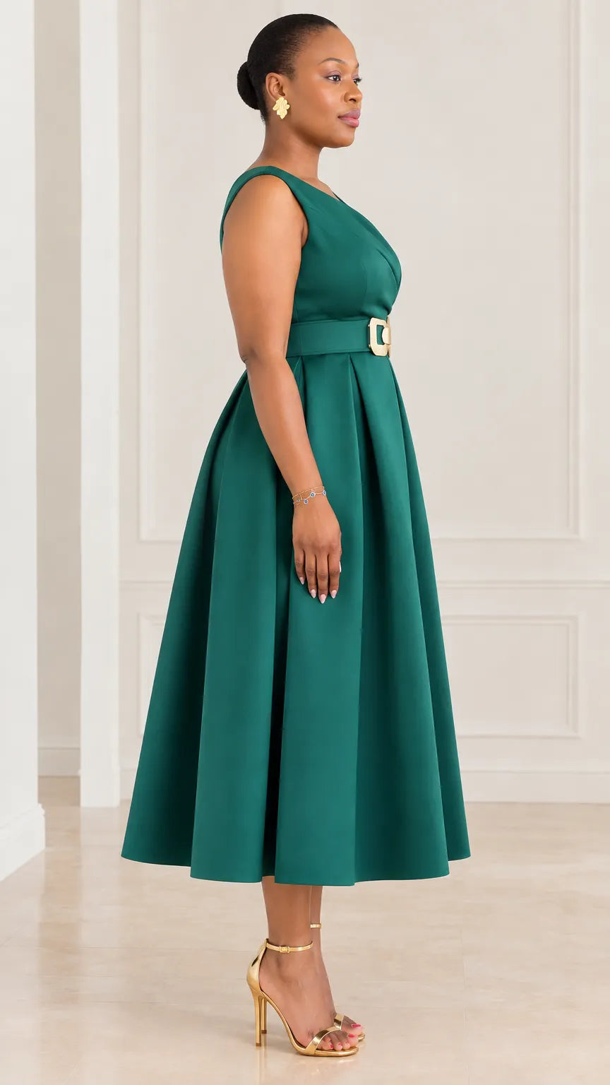Asymmetrical Neckline Belted Pleated Midi A-Line Cocktail Dress