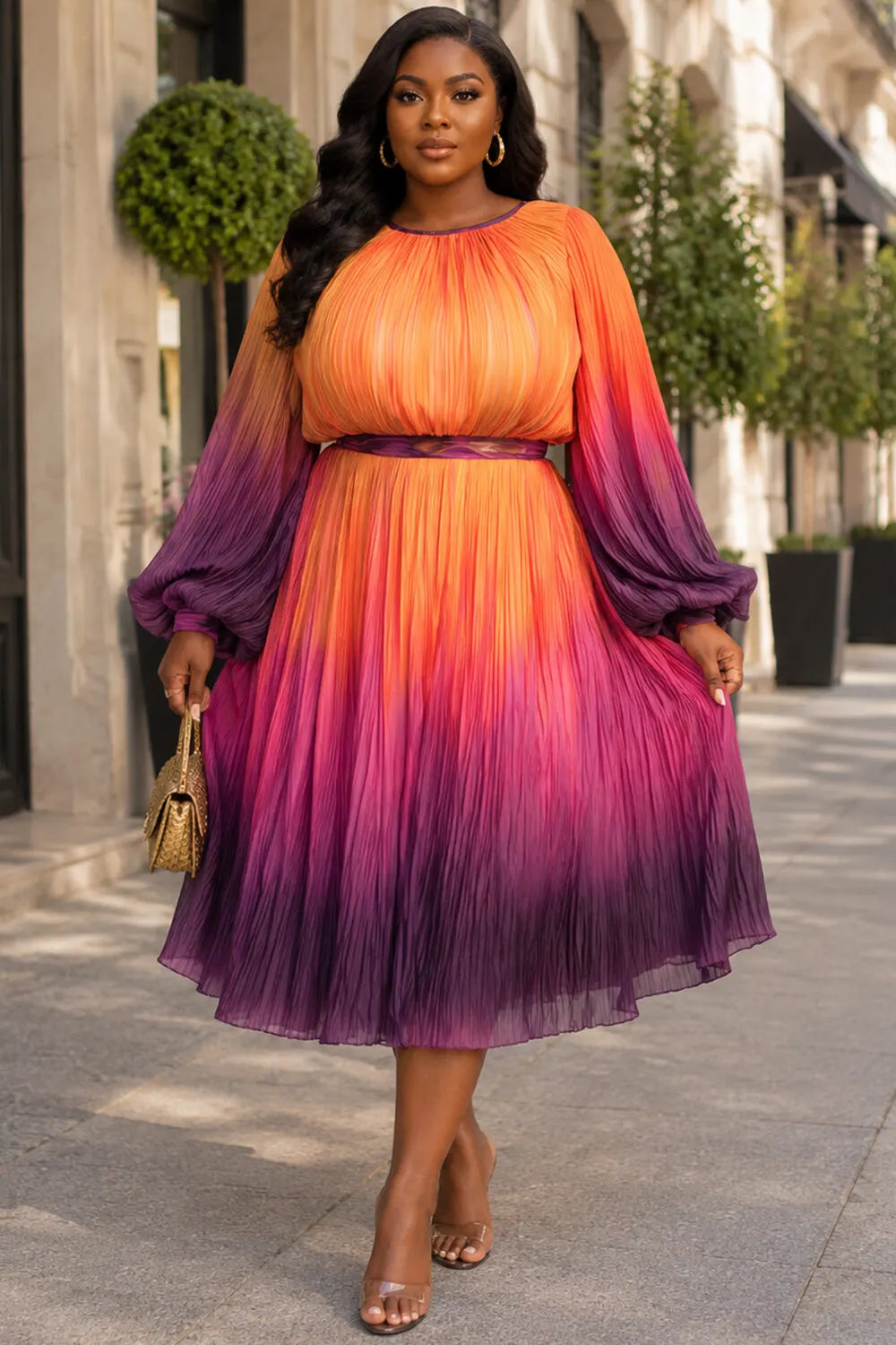 Churchs Orange Gradient Round Neck Puff Sleeve Long Sleeve Pleated Chiffon Midi Dresses [Pre-Order]
