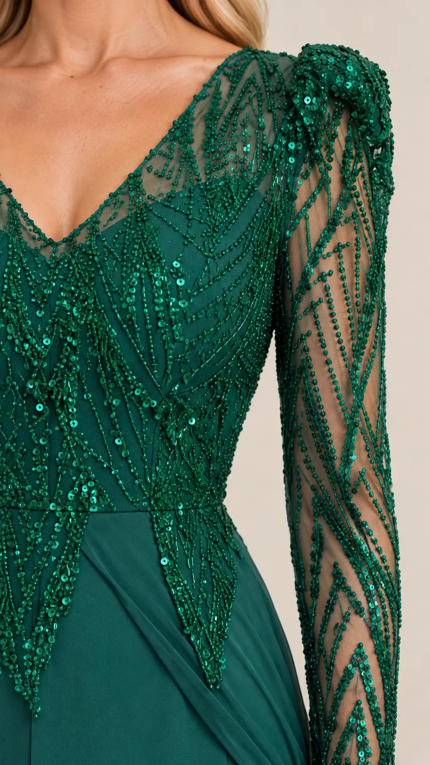 Sequin Beaded Long Sleeve V-Neck Wide-Leg Formal Evening Jumpsuit
