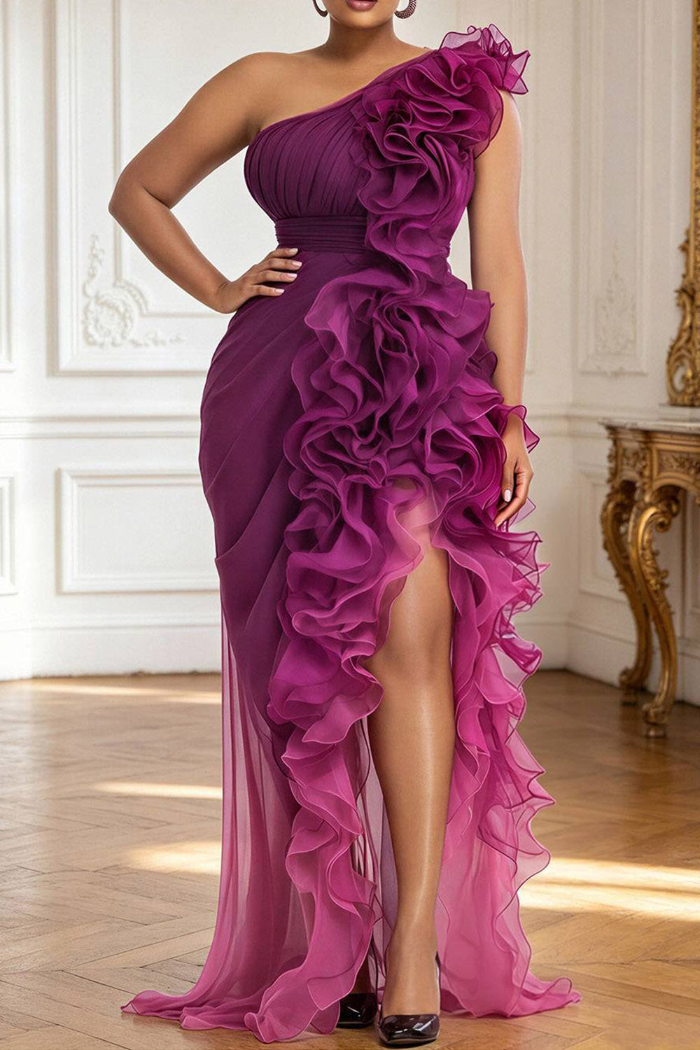 Cocktail Party Purple Gradient One Shoulder Ruffle Split Chiffon Maxi Dresses [Pre-Order]