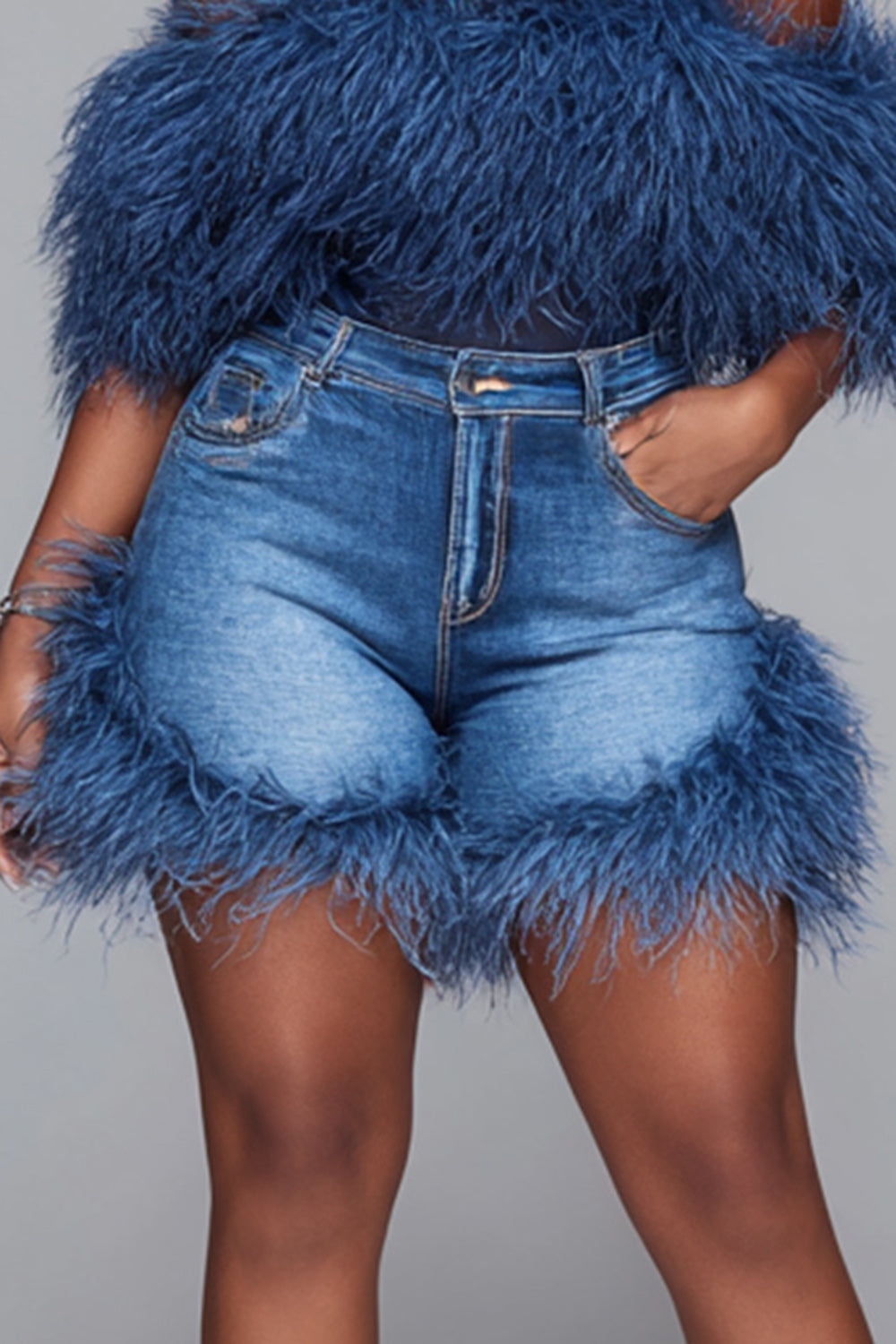 Xpluswear Design Plus Size Party Blue Denim Feather Pocket Shorts