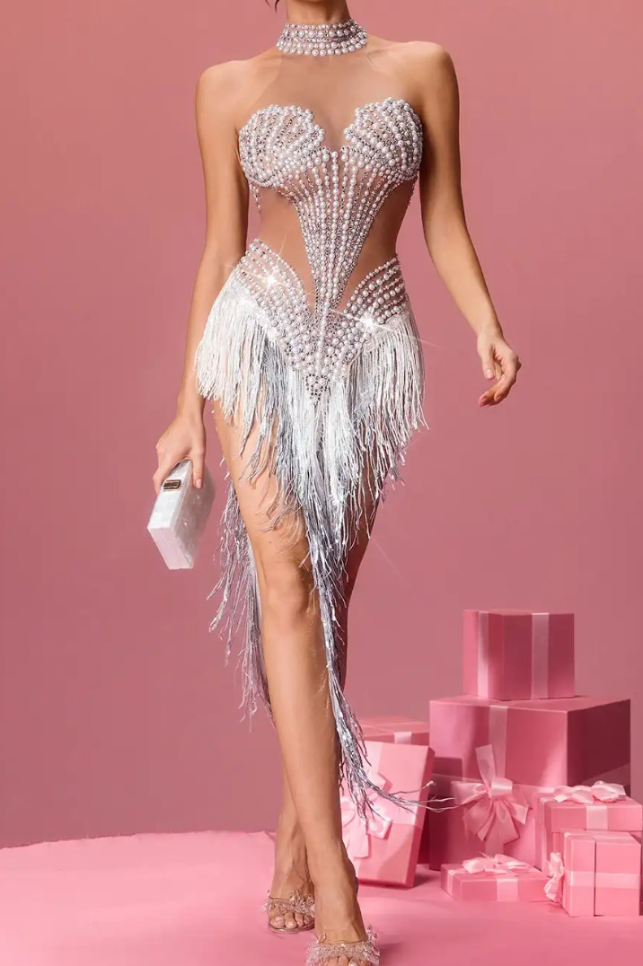 Silver Pearl Rhinestone Halter Neck Fringe Midi Dress