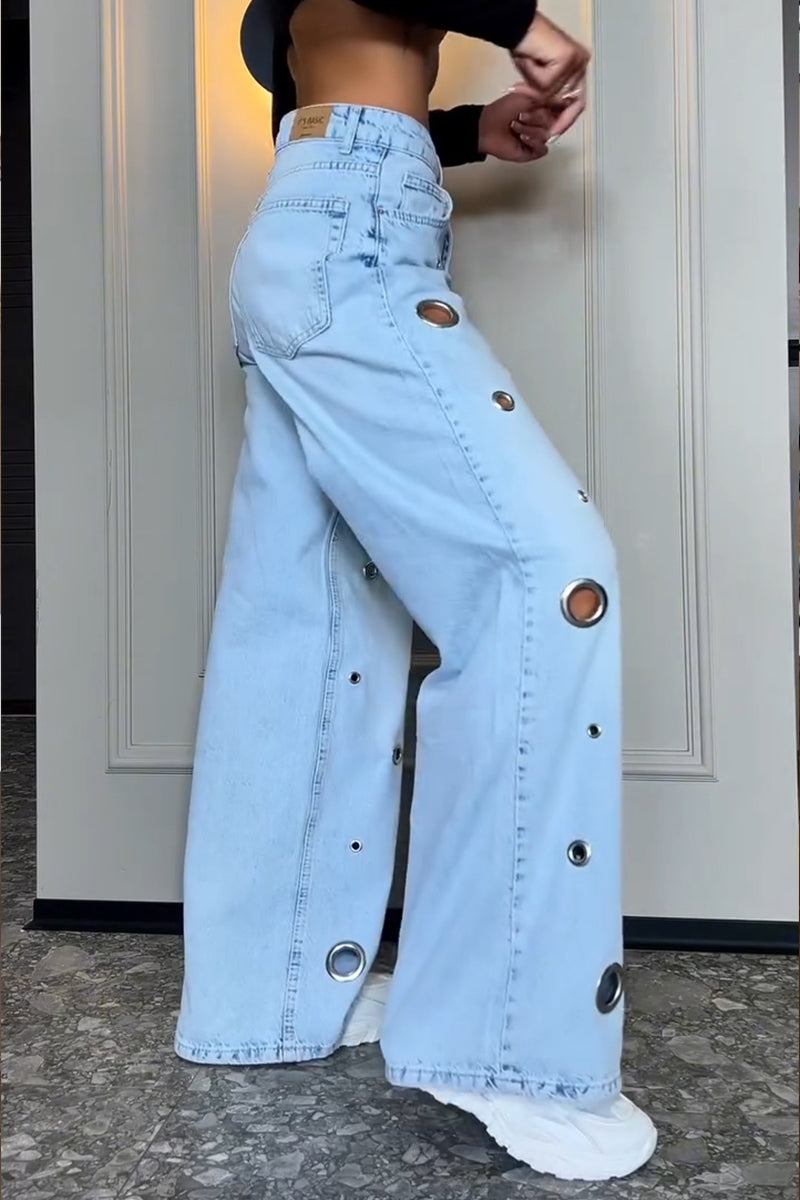 Women's Fashion Metal Hollow-Out Decoration Wide Leg Jeans