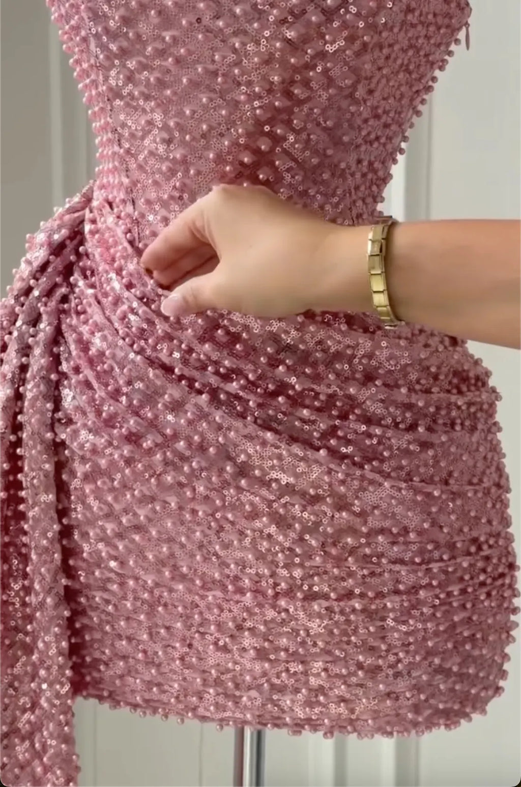 Pink Square Neck Pearl & Sequin Mini Dress - Ruched Formal Cocktail Gown