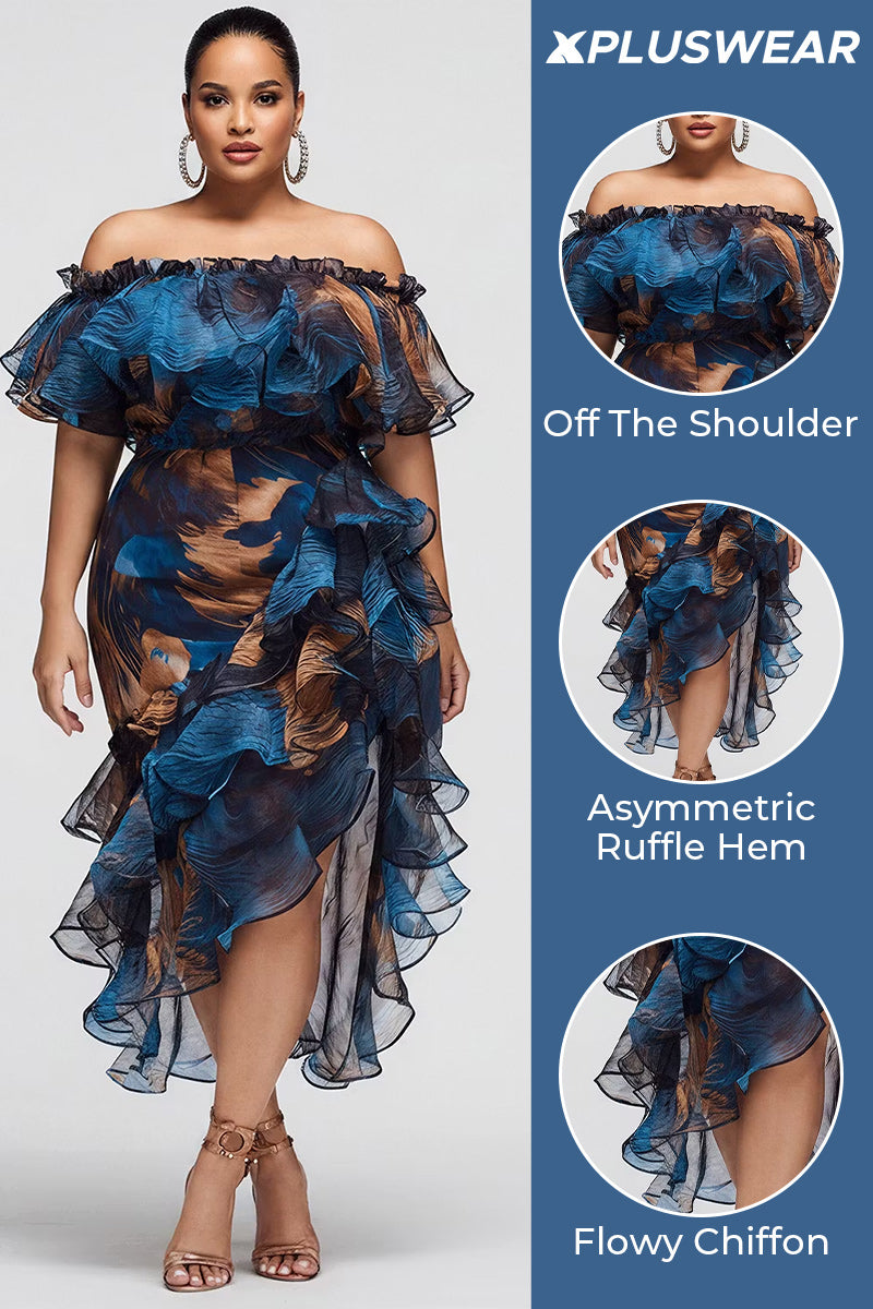 Cocktail Party Blue Graphic Off The Shoulder Ruffle Tiered Chiffon Midi Dresses