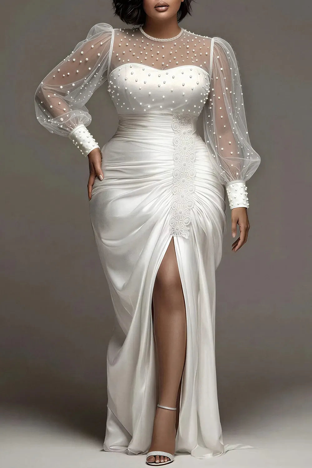 Wedding Tulle White Round Neck Puff Sleeve Long Sleeve See Through Pearls Satin Maxi Dresses