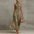 Olive Mirage Watercolor Halter Maxi Dress