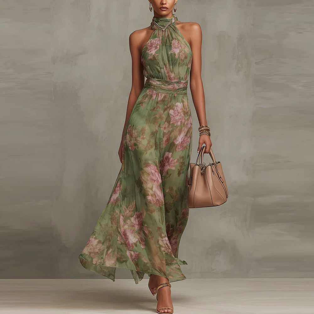 Olive Mirage Watercolor Halter Maxi Dress