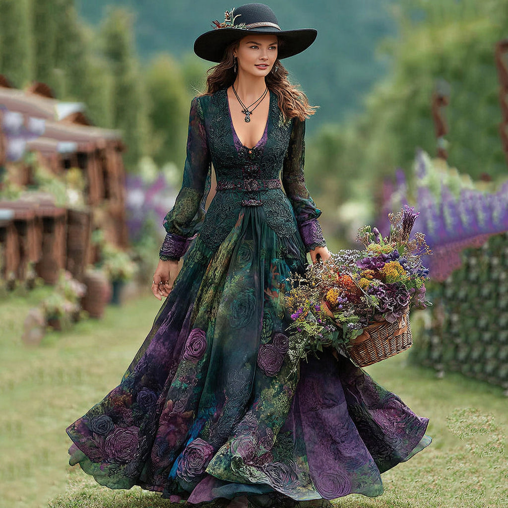 Vintage Purple Floral Lace Art V Neck Long Sleeve Maxi Dress