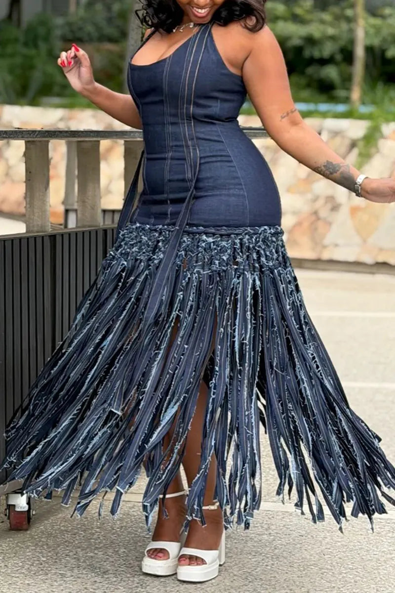 Women's Casual Denim Fringe Hem Halter Dress