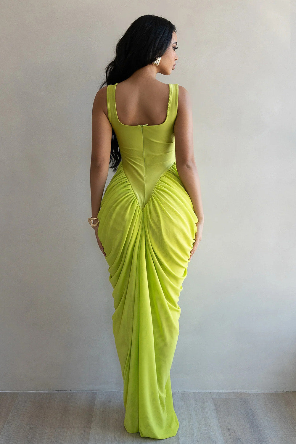 Square Neck Wide Strap Cinched Waist Ruched Bodycon Gowns Maxi Dresses-Yellow