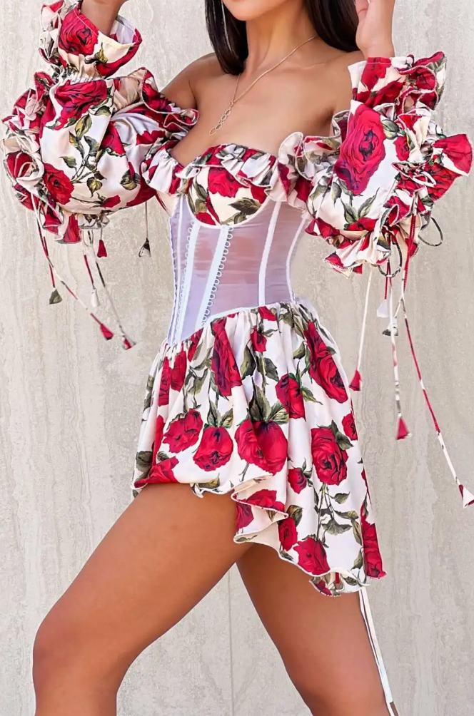 Red Rose Print Off-the-Shoulder Ruffled Long Sleeve Sheer Corset Mini Dress