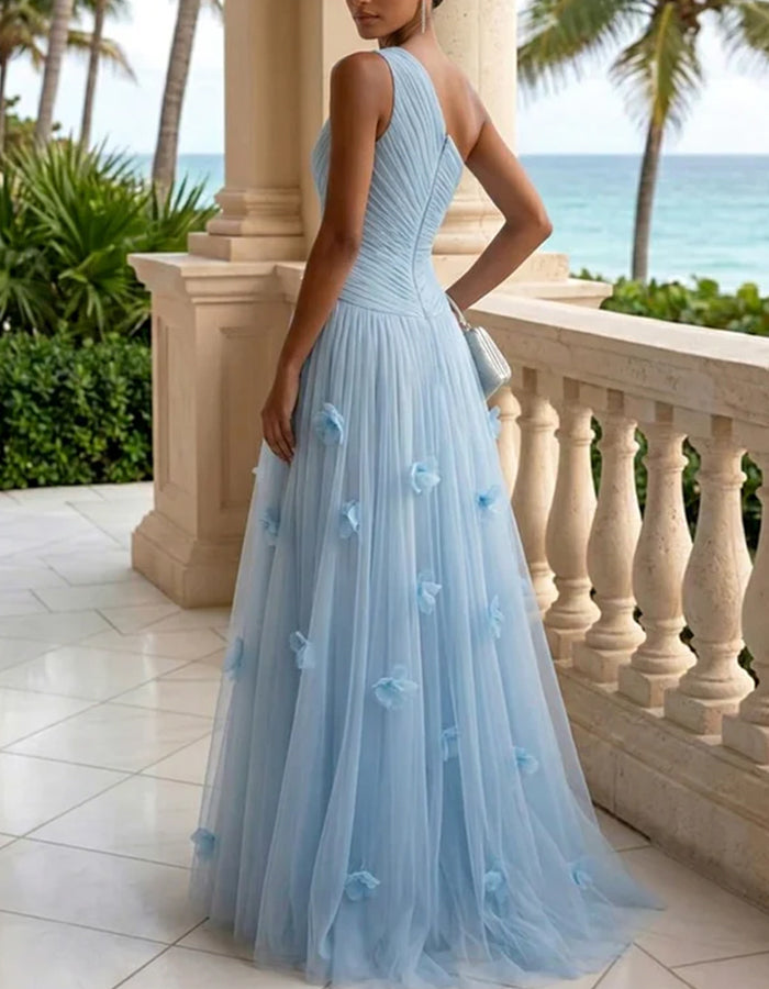 Sky Blue Chiffon One-Shoulder Ruched Maxi Dress