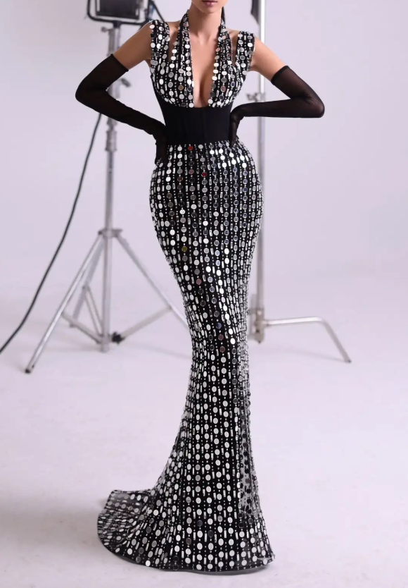 Black & White Mirror Sequin Halter Maxi Dress with Train & Deep V
