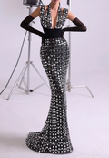 Black & White Mirror Sequin Halter Maxi Dress with Train & Deep V
