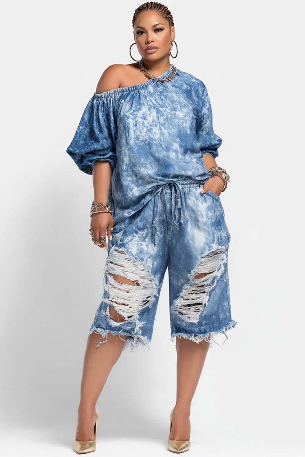 Xpluswear Design Plus Size Party Light Blue Oblique Collar Puff Sleeve Short Sleeve Distressed Pocket Denim Two Piece Short Sets