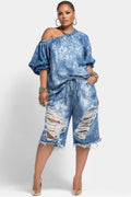 Xpluswear Design Plus Size Party Light Blue Oblique Collar Puff Sleeve Short Sleeve Distressed Pocket Denim Two Piece Short Sets