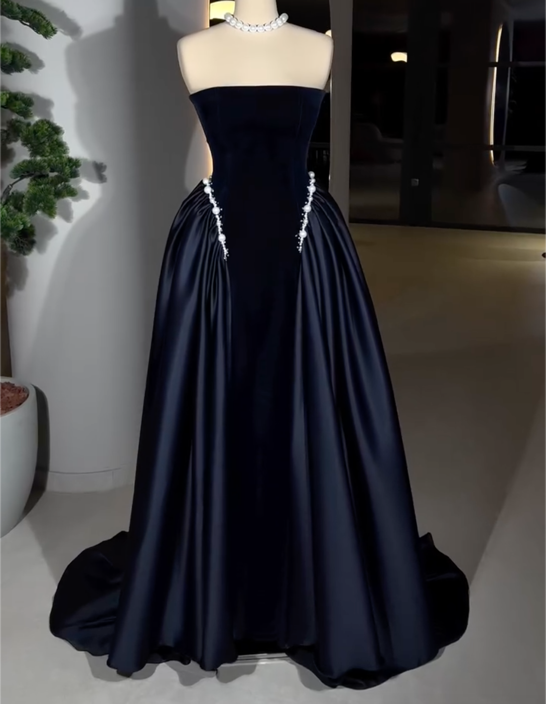 Burgundy/Navy Blue Strapless Velvet Maxi Dress with Satin Skirt & Pearl Trim
