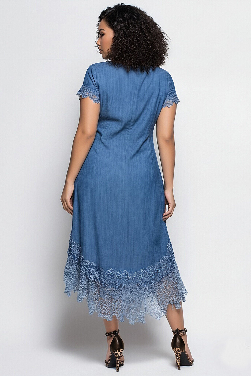 Xpluswear Design Plus Size Vacation Lace Blue V Neck Short Sleeve Contrast Asymmetric Hem Irregular Hem Tencel Denim Midi Dresses