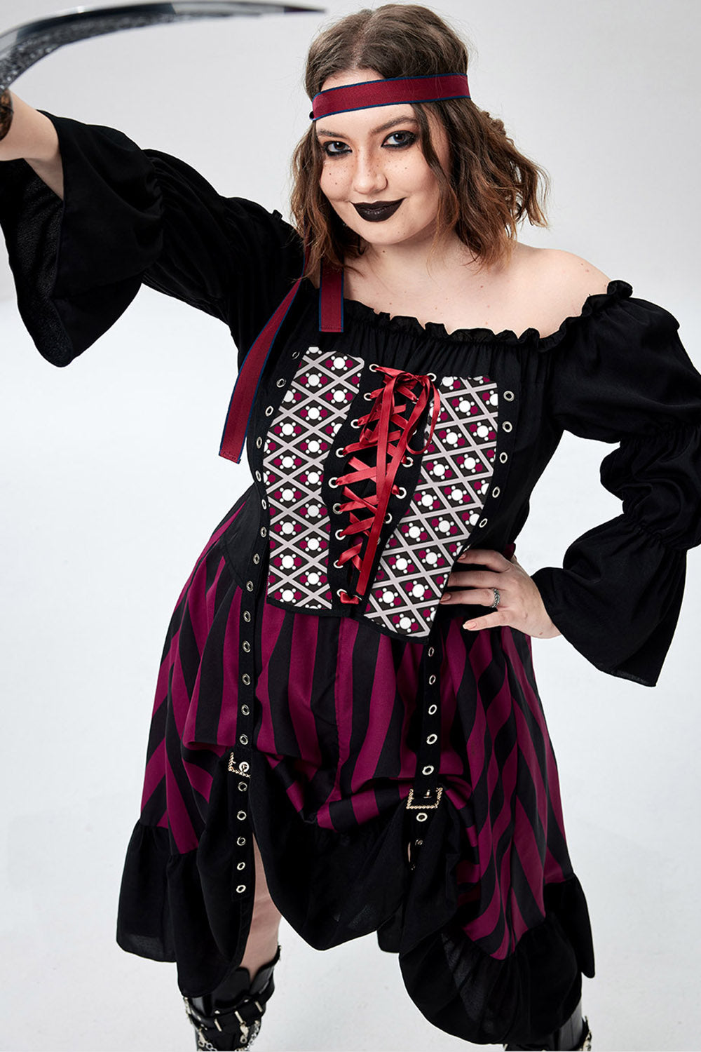 Halloween Costume Cosplay Black Off The Shoulder Lace Up Midi Dress(Ships 24h)