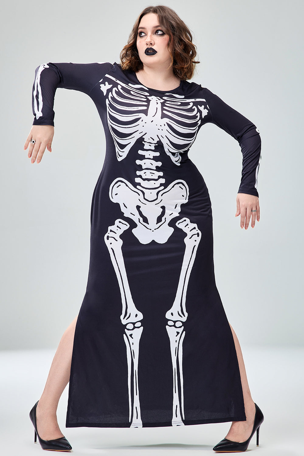 Casual Halloween Costume Gothic Black Round Neck Long Sleeve Skeleton Print Knitted Maxi Dress(Ships 24h)