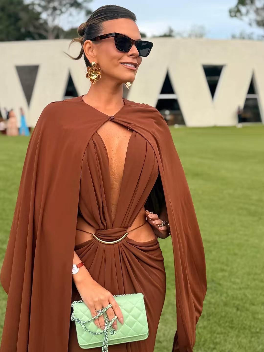 Glamorous Gold Ring Draped Cut-Out Resort Maxi Dress