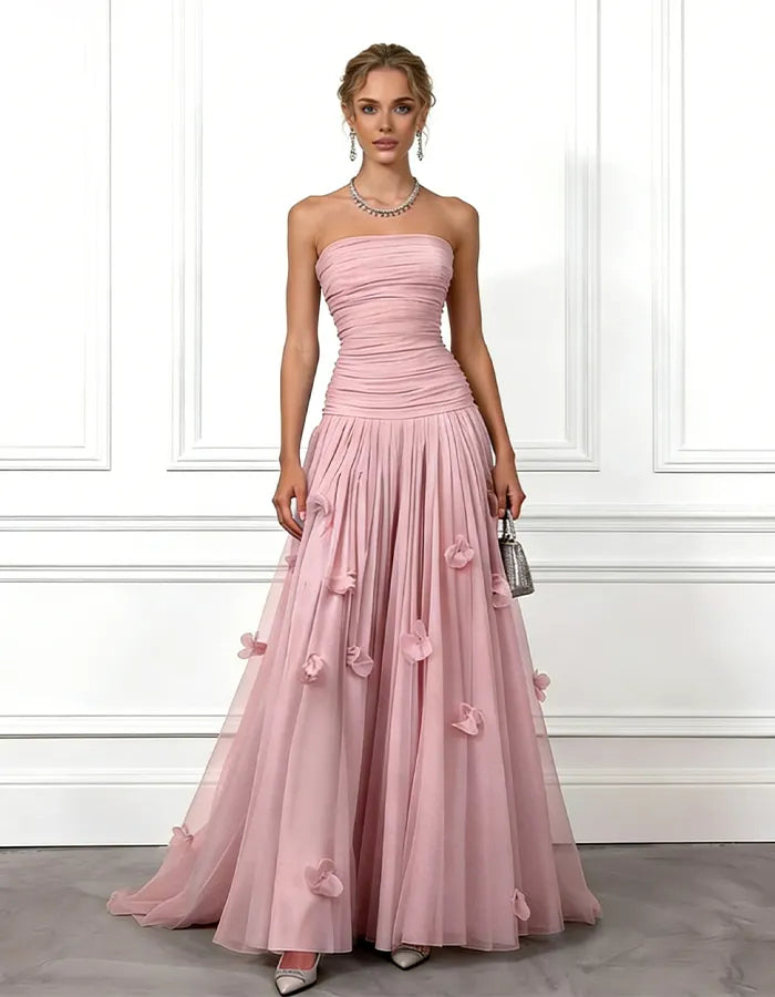 Solid Color Strapless 3D Floral Tulle Maxi Dress