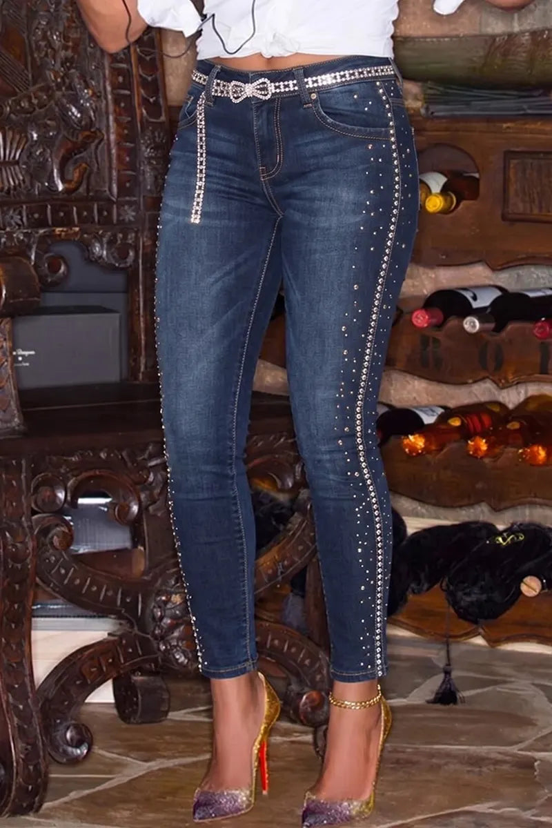 Women High Waist Side Full Rhinestone Studded Skinny Ankle Jeans