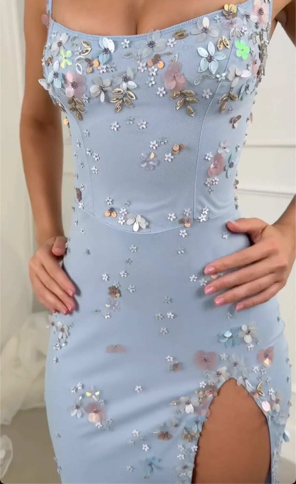 2-Color Floral Beaded Slit Mermaid Maxi Dresses - Light Blue / Pink Formal Evening Gowns