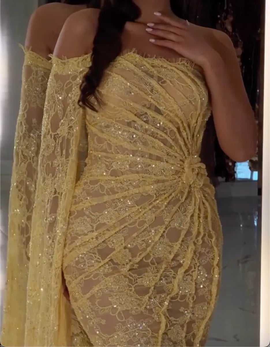 Off Shoulder Cape Sleeve Ruched Sequin Lace Sheer Mermaid Evening Gown, Pale Yellow Side Slit Formal Maxi Dress