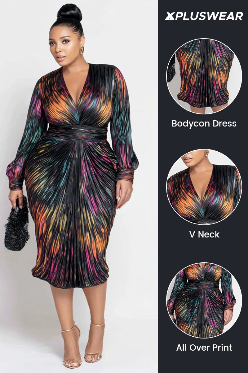 Business Casual Multicolor All Over Print V Neck Long Sleeve Bodycon Elegant Satin Midi Dresses