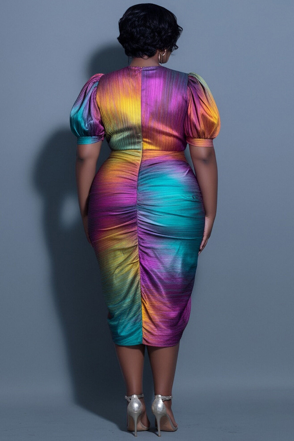 Cocktail Party Multicolor Gradient Wrap Neck Puff Sleeve Short Sleeve Fold Bodycon Midi Dresses