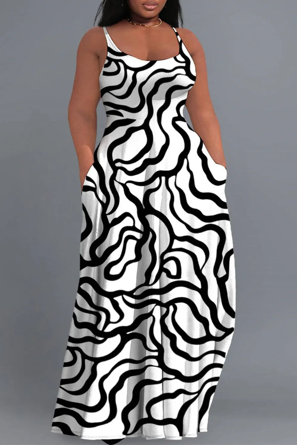 Vacation Black Sundress Graphic Round Neck Pocket Maxi Dresses