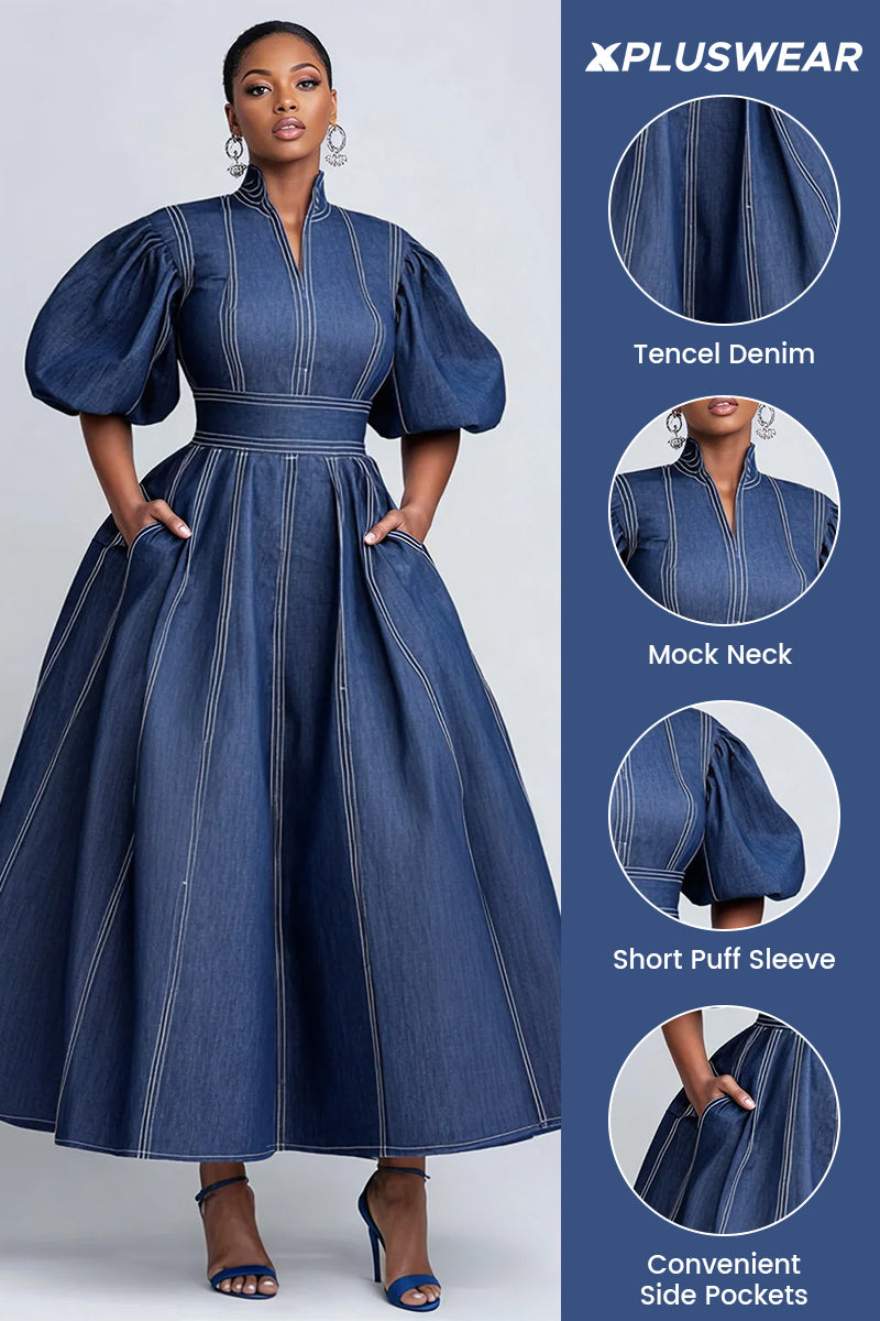 Xpluswear Design Plus Size Business Casual Blue Mock Neck Puff Sleeve Short Sleeve Pocket Elegant Tencel Denim Midi Dresses