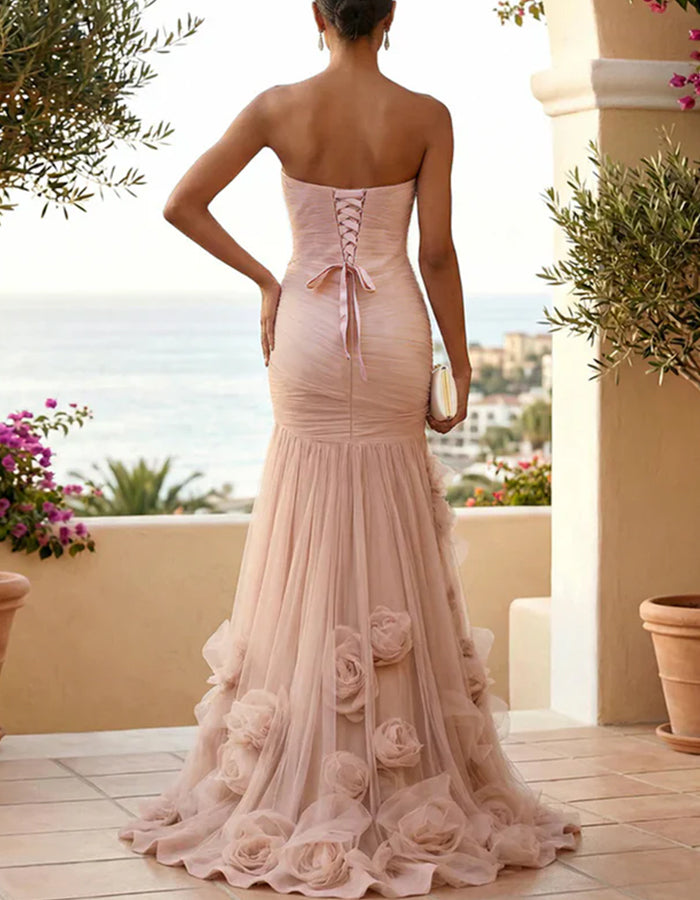 Flesh Pink Chiffon Strapless Ruched Tulle Mermaid Maxi Dress