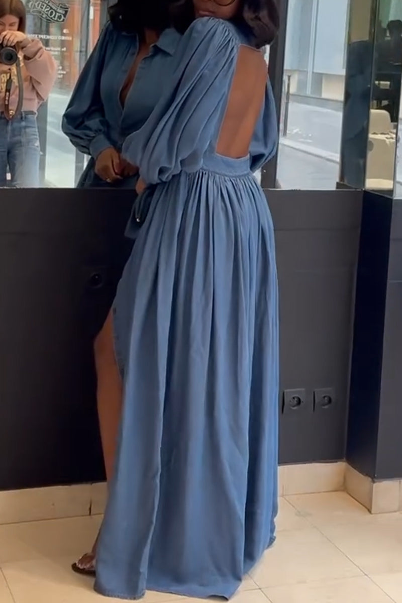 Women's Collar Splicing Waist Cinching Slit Elegant Casual Denim Dress